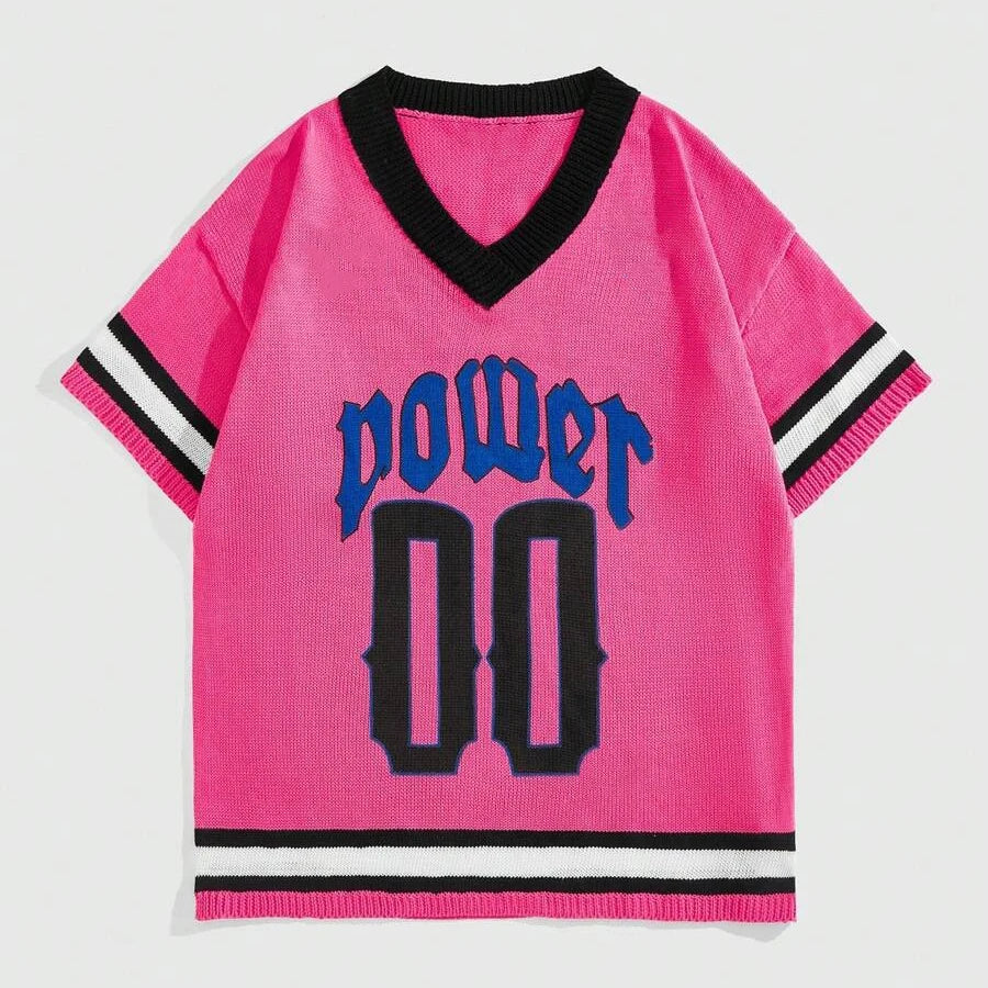 Custom Logo Knitwear Knitted Jersey Fabric Men's Contrast Color Crochet Letter Print Breathable Summer Short Sleeve Pink