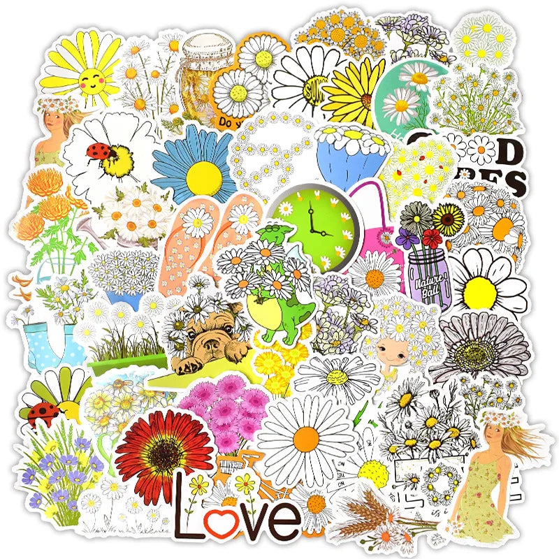 50pcs Cute Yellow Flower Sunflower PVC Lucky Girl Gift Luggage Label  Waterproof Vinyl Sticker