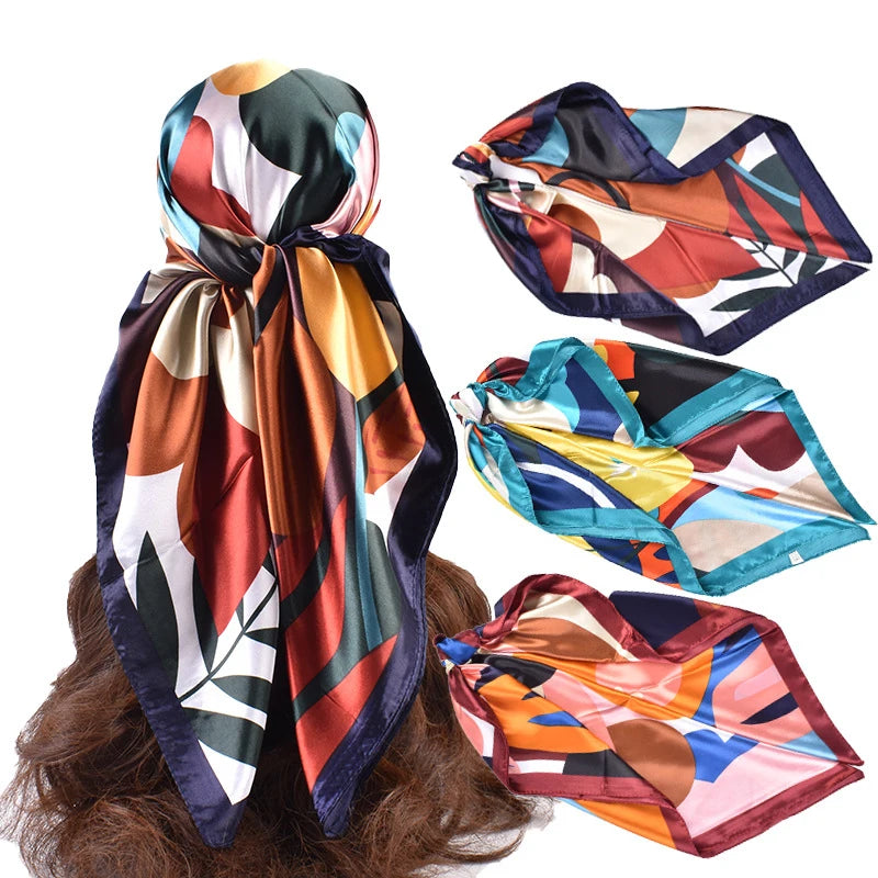 MIO Hot Sale Retro Flower Printed 90*90cm Silk Feeling Head Scarf Women Square Head Wrap Fashion Large Kerchief Scarf