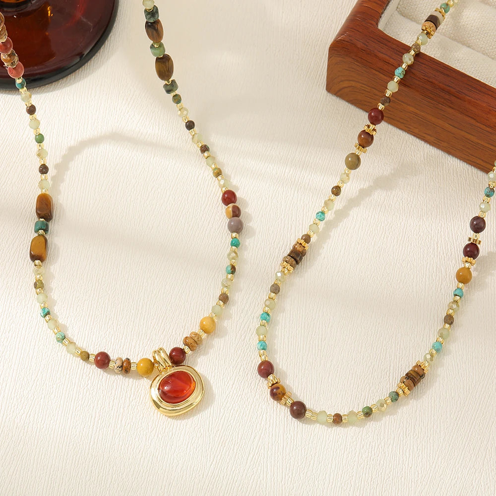 Fashion Red Agate Egg Yolk Picture Stone Handmade Pendant Beaded Boho Necklace