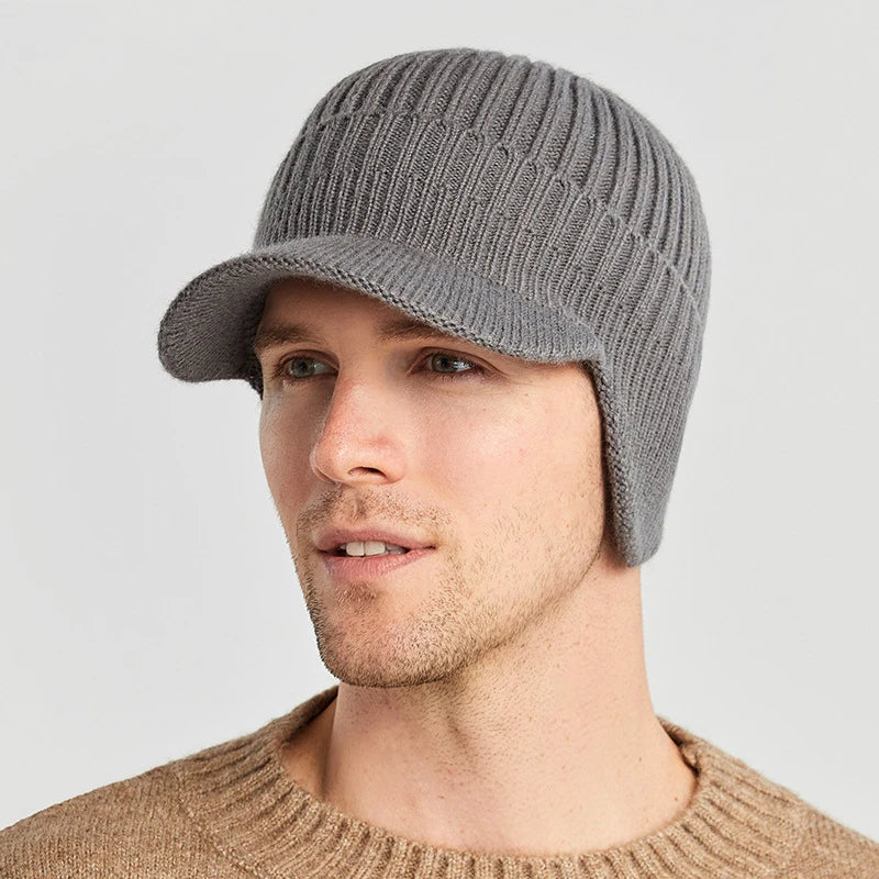 Geehu High Quality Winter Knit Beanie Cap With Visor Earflap Outdoor Skiing Knitted Baseball Cap for Women Men