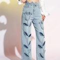 TWOTWINSTYLE Casual Classic Straight Denim Jeans for Women Elegant Flower Applique High Waist Women's Jeans