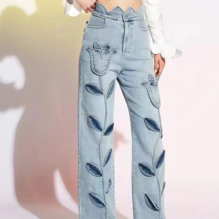 TWOTWINSTYLE Casual Classic Straight Denim Jeans for Women Elegant Flower Applique High Waist Women's Jeans