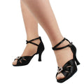 New Arrival Latin Salsa Ballroom Dance Shoes for Women with 7cm Heel Black Satin Rhinestone Sport Dancing Shoes