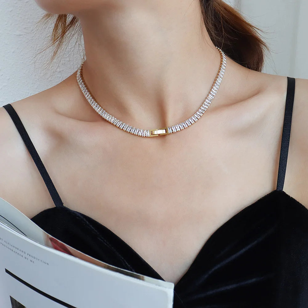 Fashion Cubic Zirconia Chain Necklace Stainless Steel 18k Gold Plated Square Cluster Tennis Chain Choker Necklace