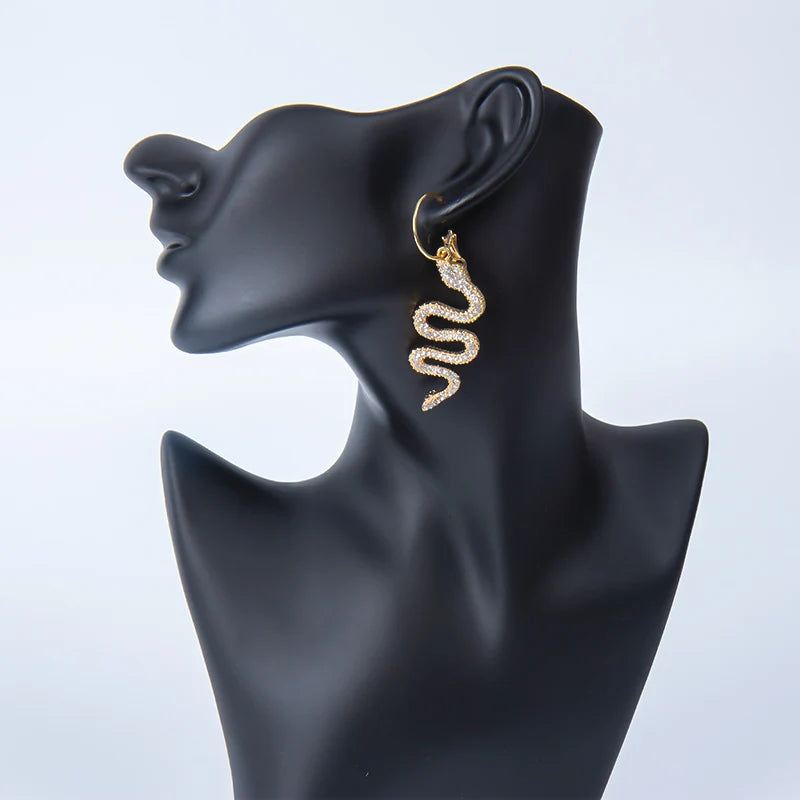 2024 New Arrived Silver Gold Plated Snake Shape Drop Earrings Women's Rhinestone Snake Hoop Earrings Creative Jewelry