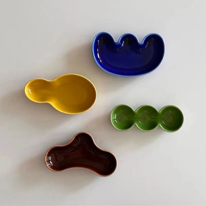 Solhui  Ins Hand Pinched Irregular Color Glaze Ceramic Dipping Sauce Cute Japanese Hot Pot Salad Dish
