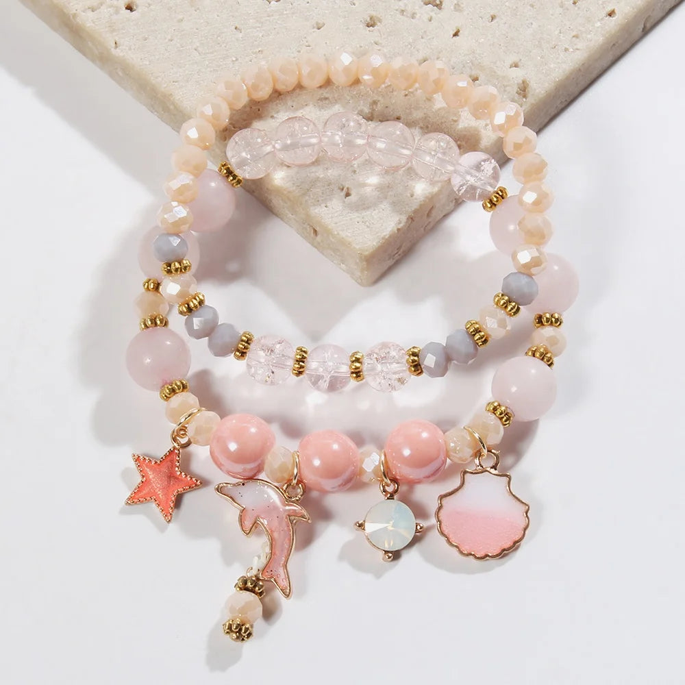 Korean Style 2pc Set Sea Ocean Holiday Jewelry Crack Stone Glass Ceramic Bracelet Epoxy Dolphin Shell Star Elastic Bracelet