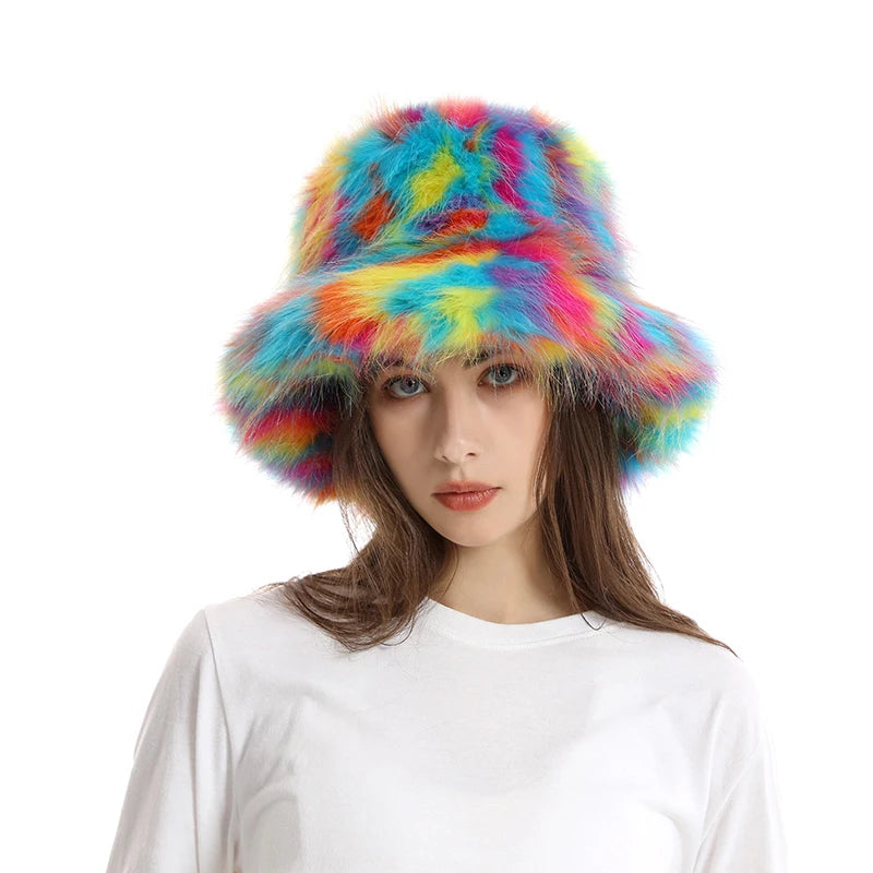 New Rabbit Fur Bucket Hats for Women Keep Warm Big Head Around Ear Protection 2023 New in Winter Panama Plush Caps