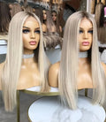 Platinum Blonde Highlight Color Russian Raw Hair Wig Lace Top Bleach Knots Double Drawn Dark Root Women Wigs Natural Hairline