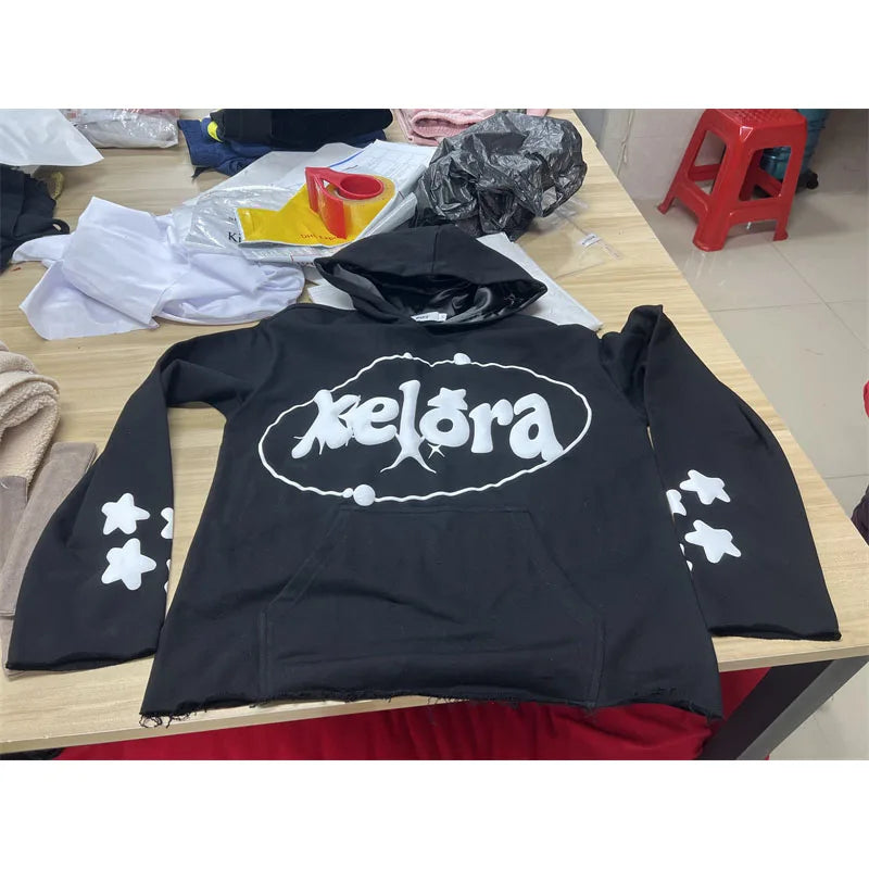 KY Distress Raw Edge Puff Printing Hoodie with Satin Linings 420 Gsm Puff Print