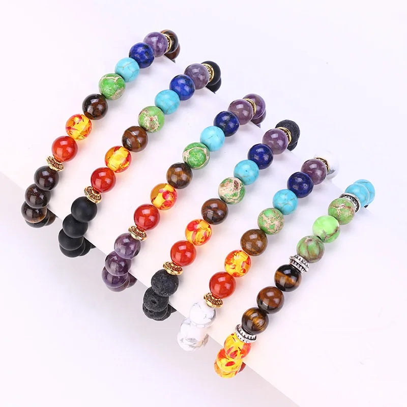 Natural Stone Beaded Bracelet 7 Chakra Gold Plated Yoga Lava Stone Bangle Ball Shape Volcanic Rocks for Healing Balance Energy
