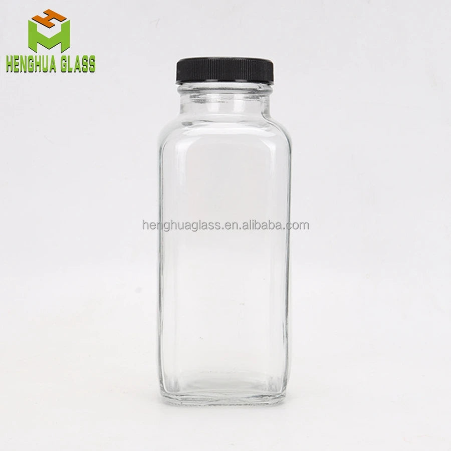 Manufacturer 16oz 50cl Cold Pressing  Juice Glass Bottle 500ml French square Milk Glass Juice Bottle Container with Metal Cap