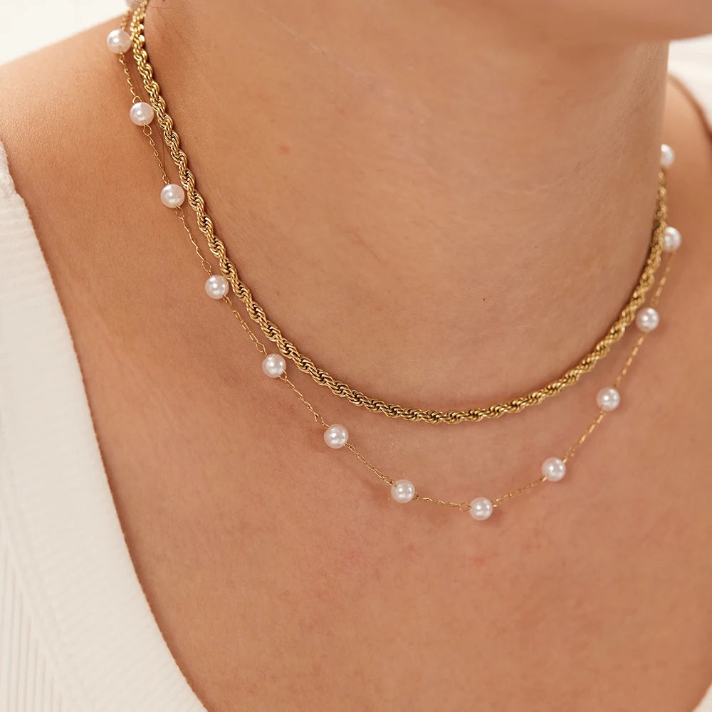 Personalized Stainless Steel 18K Gold Plated Double Layered Rope Chain Shell Pearls Necklace Jewelry