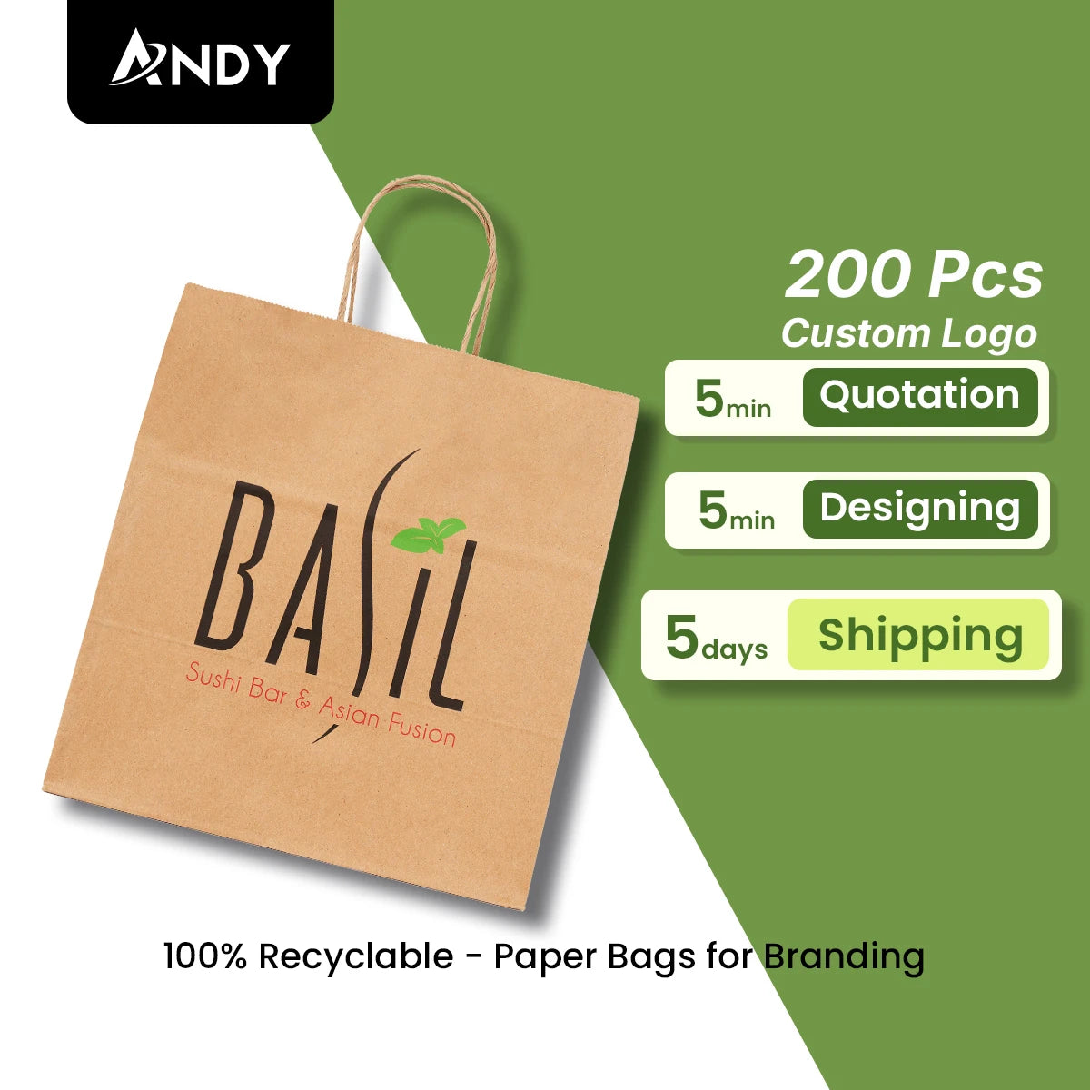Custom Logo Printed Kraft Paper Bag Handle Eco-Friendly Classic Plain Brown White Restaurant Food Coffee Takeout Bag Stylish