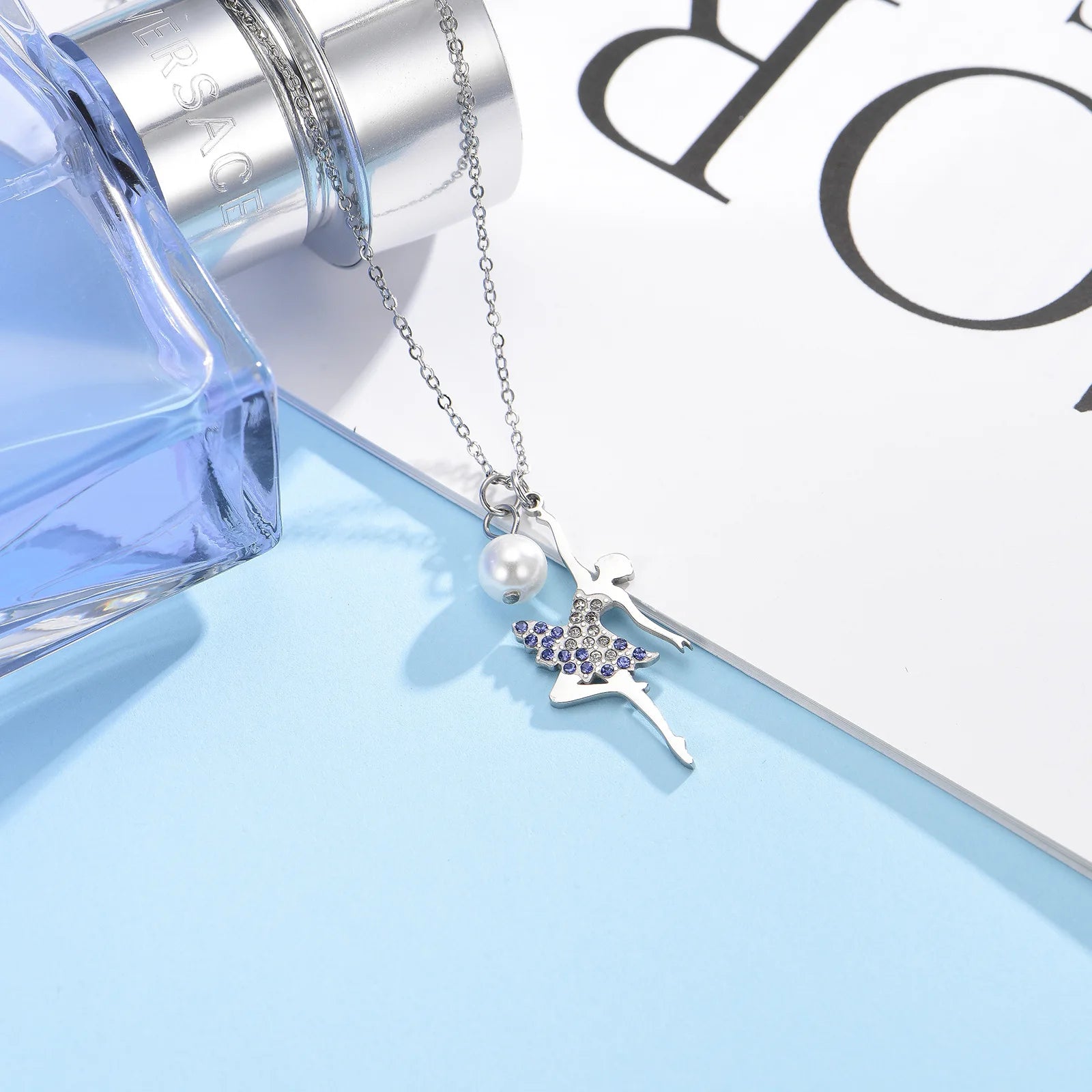 Exquisite Diamond Ballet Dance Pendant Necklace Stainless Steel Women Ballet Dance Pearl Necklace