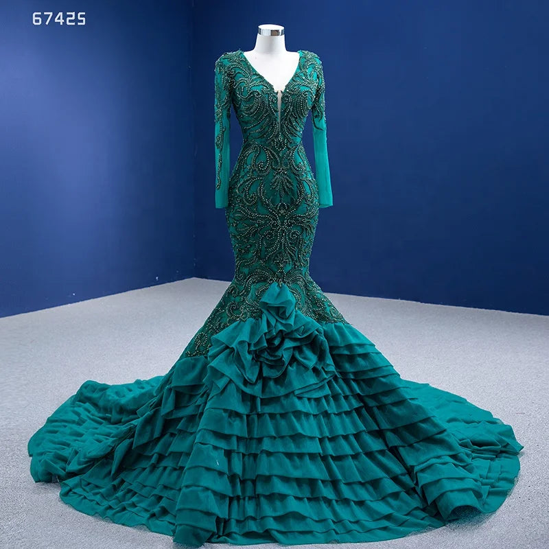 Rsm67425 BrideNew Elegant Heavy Handmade Beaded Fishtail Long-Sleeved Green Evening Dress