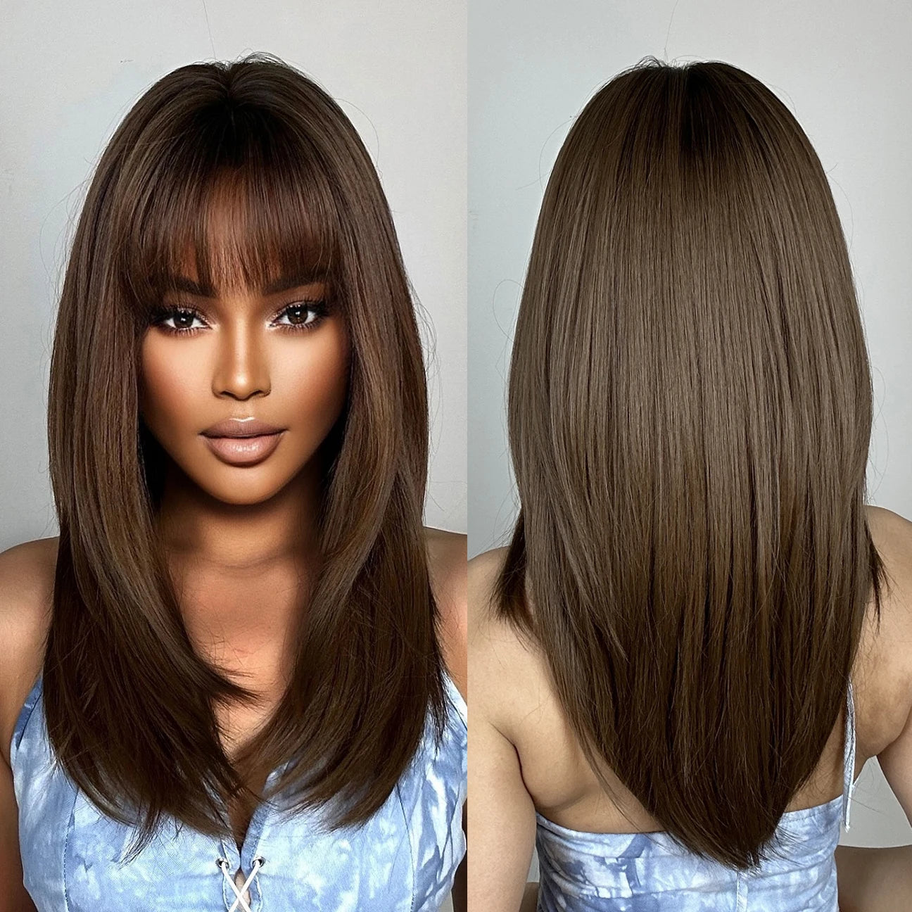 Factory Fast Delivery Brown Long Straight Layered Synthetic Heat Resistant Wig with Full Bangs for Black Women Natural Hairs Wig