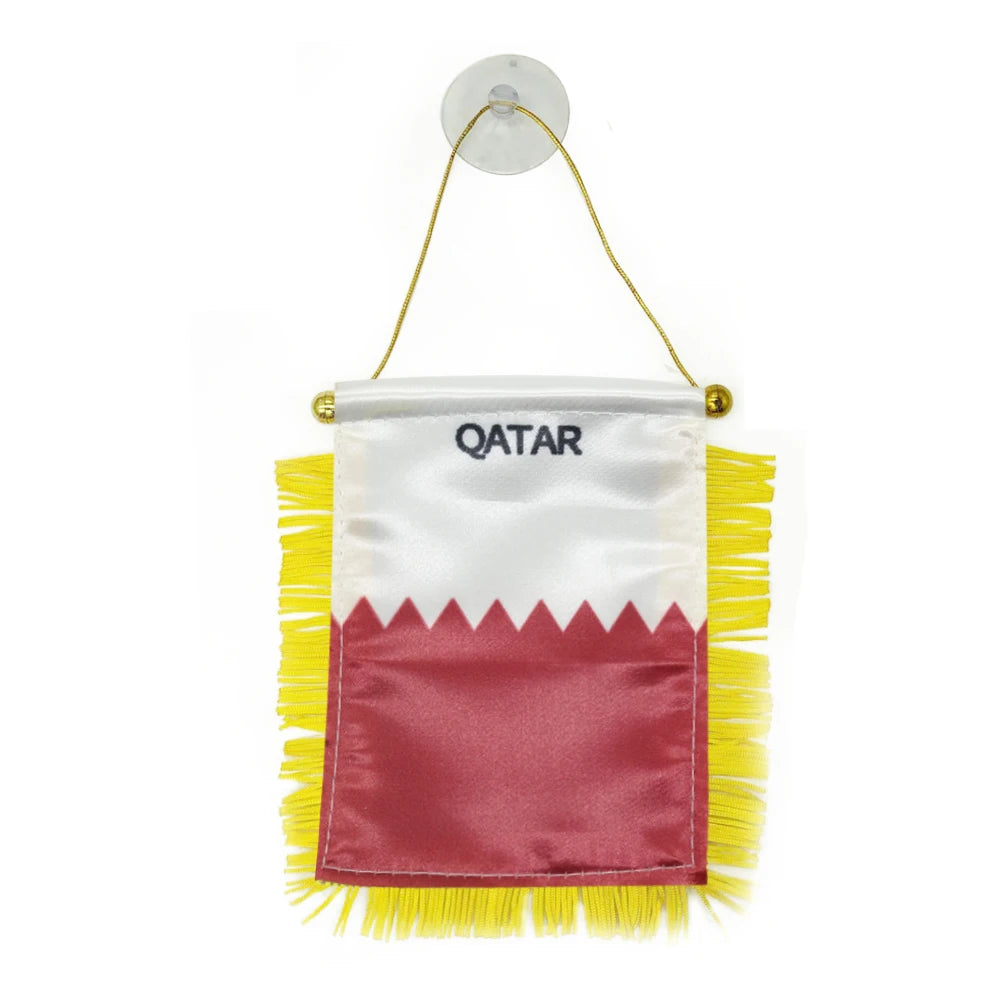 Custom Logo Digital Printing Satin Material Hanging Qatar Pennant Flag for Car Rearview Mirror and Home Decoration