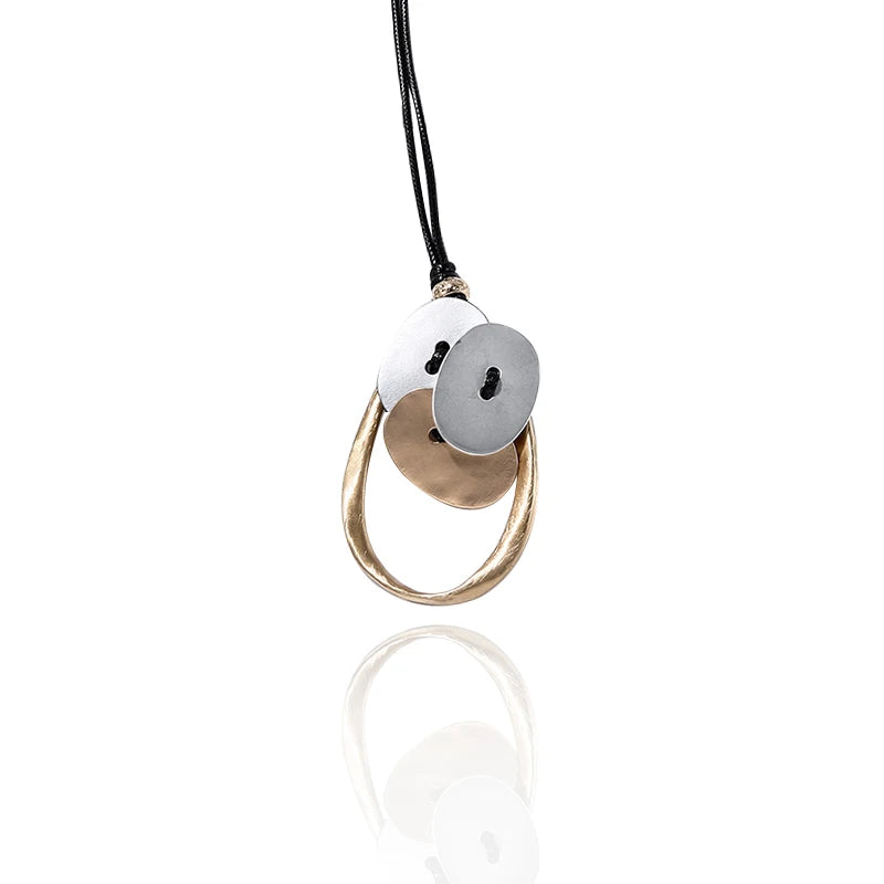 High Quality Black Leather Cord Drop Dangle Pendant Disc Women Statement Necklace