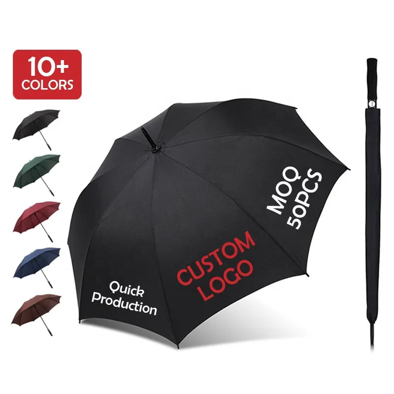 Large Size Double Canopy Straight 190T Golf Umbrella Custom Logo Silk Screen Printed Automatic Opening-Black Red Grey Promotion