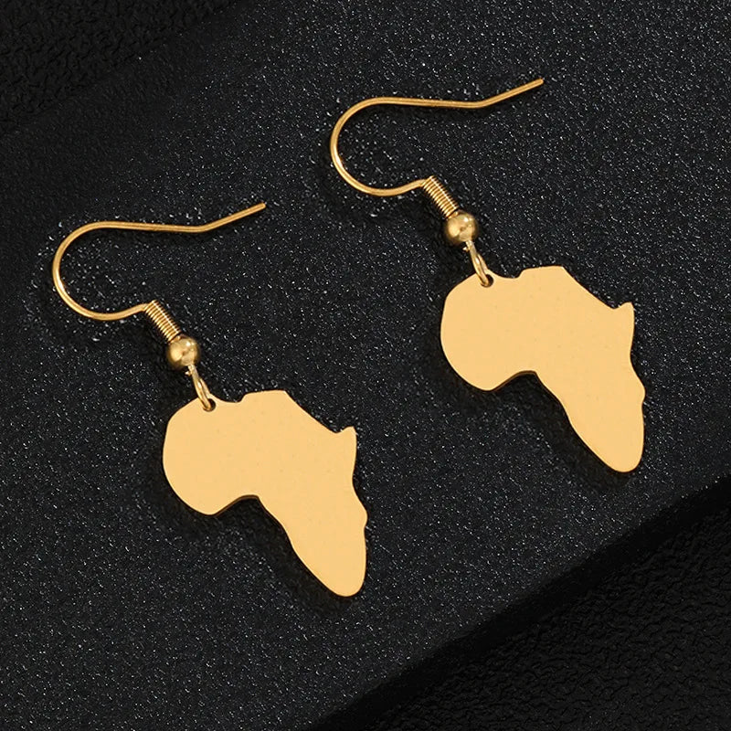 Fashion Non Tarnish Silver 18K Gold Plated 316L Stainless Steel Women African Map Pendant Earring Jewelry