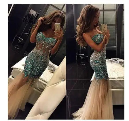 Luxury Crystals Mermaid Prom Dresses Sweetheart Sleeveless Tulle Beading Evening Dresses Formal Party Wear