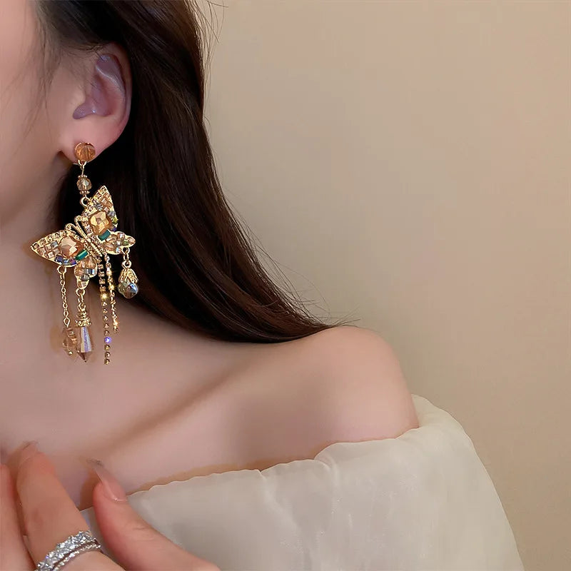 Korean Silver Needle Bohemian Style Stud Earrings Luxury Zircon Crystal Butterfly Tassel Stud Earrings