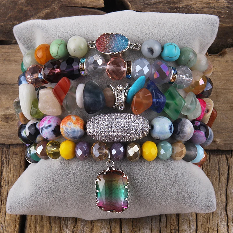 New Beautiful 5pc Women Jewelry  Natural Stone Crystal Glass Bracelet Drop Moon Druzy Xmas Stack Bracelets Set