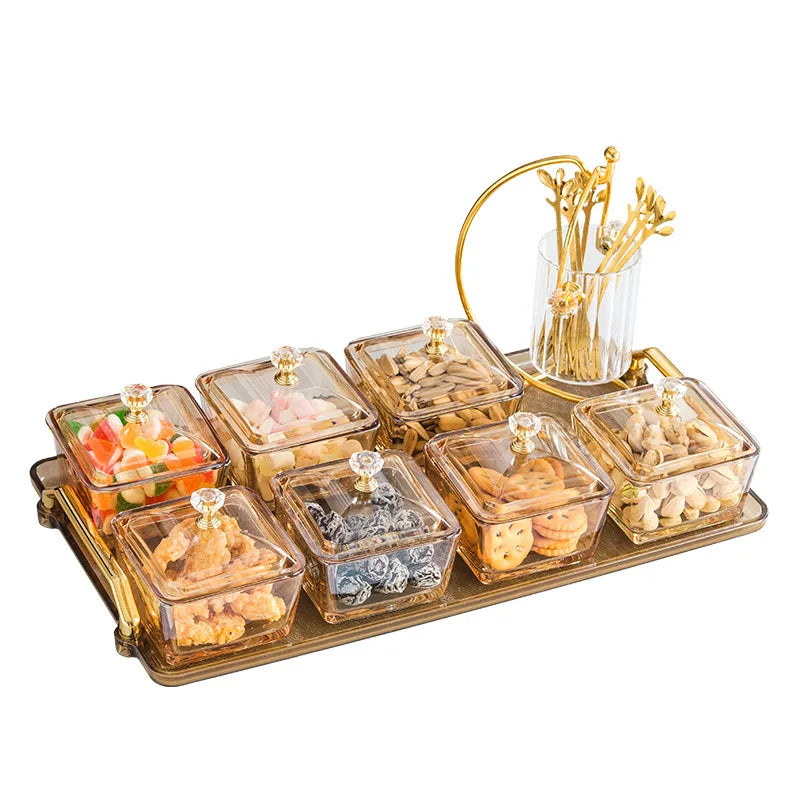 Wholesale 2024 New Arrival Amber Iron Stand Glass Plate Living Room Dining Room Dried Fruit Sub-grid Sets with Tray