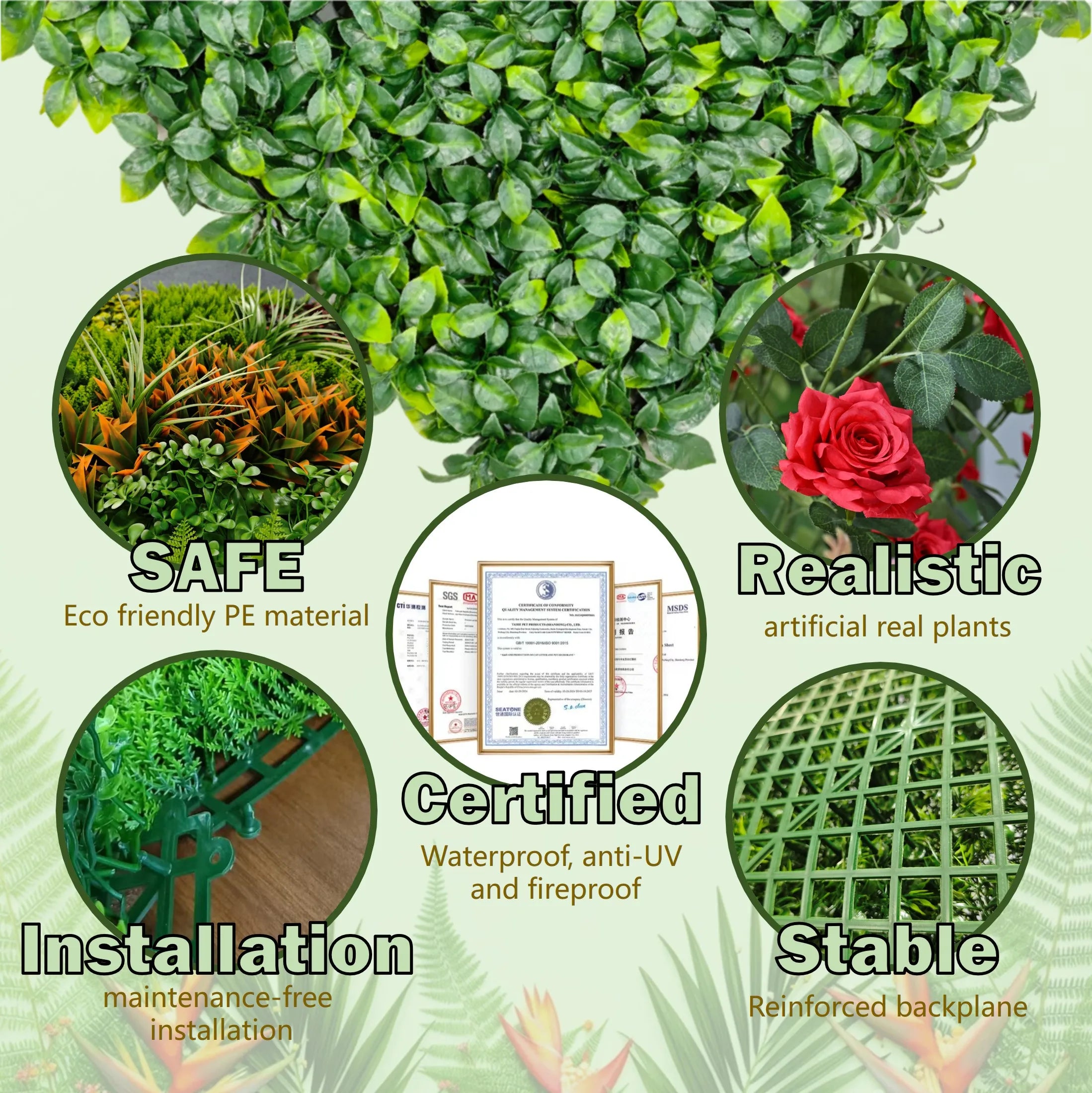 Tariff Reduction Quick Shipment Green Artificial Plant Wall Panel for Home & Garden Decor