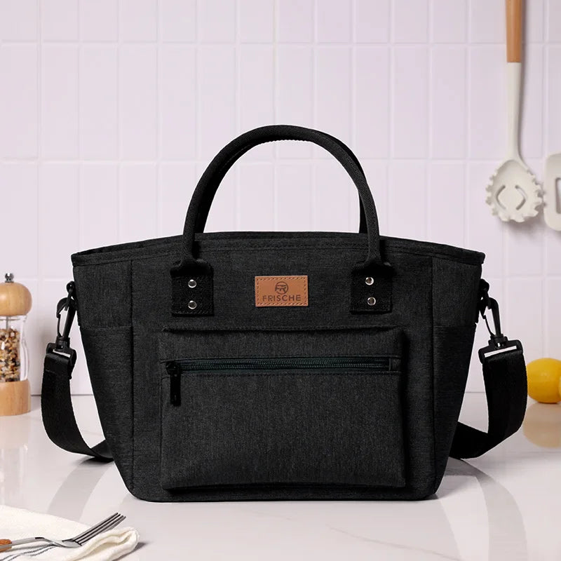 Durable Thermal Waterproof Insulated Polyester Snack Organizer Wide-Open Drinks Holder Lunch Bag Zipper Closure Letter Work