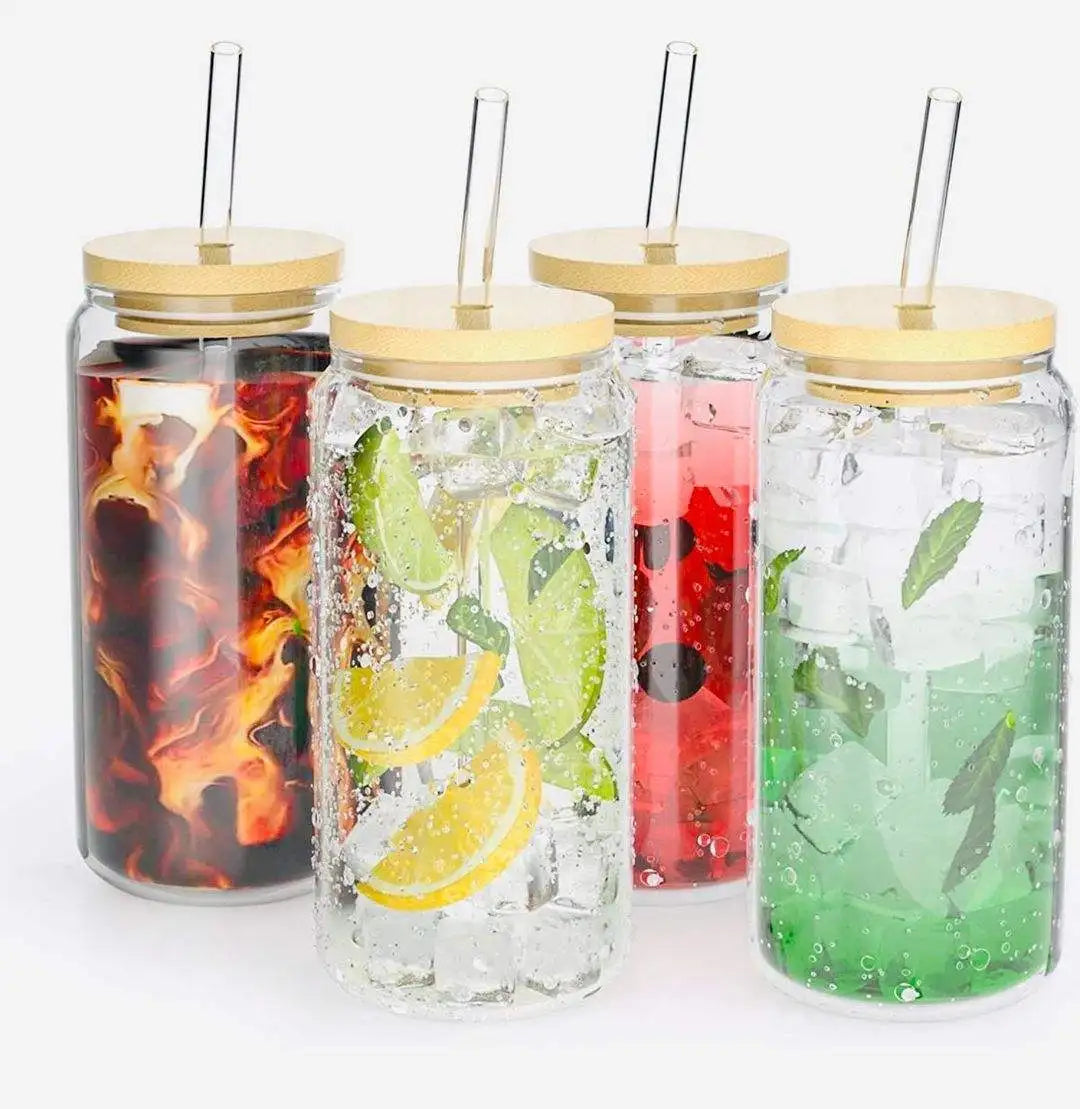 Clear Water Cold Boba Coffee Drinking Frosted Beer Can Cup Glass Tumbler with Bamboo Lid and Straw