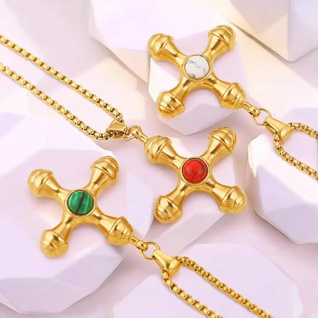 Merryshine Double-Sided Cross Pendant Necklace Vintage Fashion Gemstone Titanium Steel Classic Style for Children