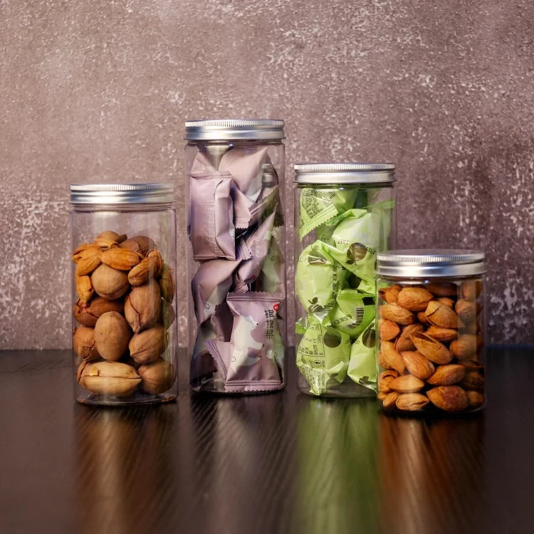Wholesale 500ML PET Recycled Round Plastic Jar with Aluminum Lid for Cookies Dried Fruit Candy Cake Snack Storage