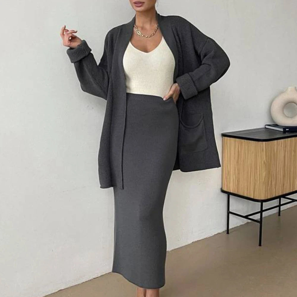 Enyami Women Sweater Autumn Winter New Cardigan Women Loose Belt High Waist Skirt Fashion Knitwear Two Piece Set for Women