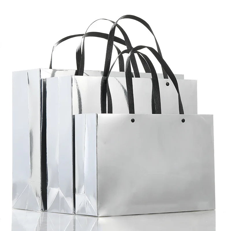 Luxury Silver Cardboard Paper Handbag Shopping Packaging Custom Print logo Gift Paper Bags