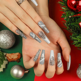 Custom Personal Care Art Nails Ballerina Christmas Long Grey Glitter Powder Press on Nail Artificial Finger False Nails