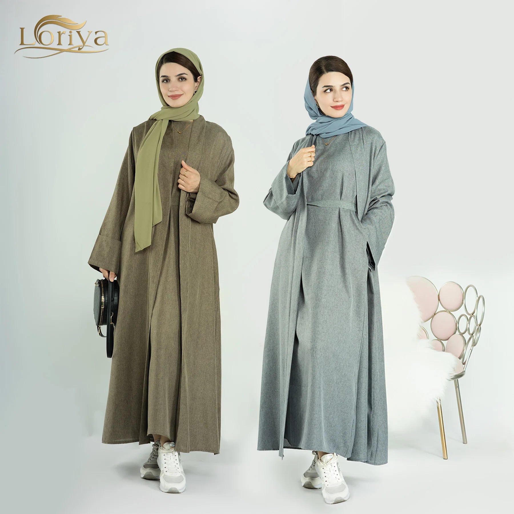Loriya 2026 New Design Linen Two Piece Abaya Set Islamic Modest Inner Dress and Cardigan Abaya Muslim Women Dress