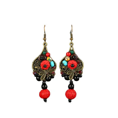 Vintage Cinnabar Engraved Flower Statement Dangle Earrings Original Design Indian Dragonfly Drop Earrings for Women for Parties