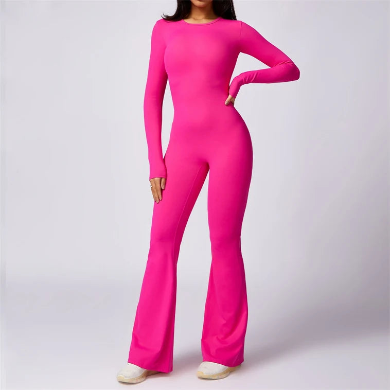 OEM Long Sleeved One-piece Flare Leggings Set Gym Jumpsuit Open Back Yoga Jumpsuit Women