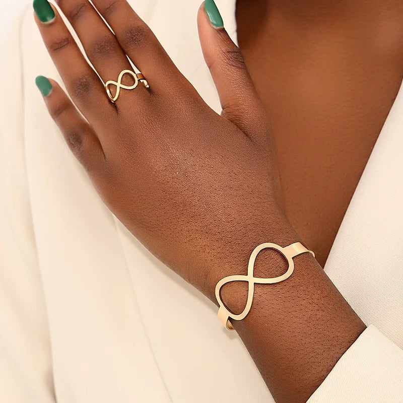 Jachon Fashion Geometric Number 8 Shape Zinc Alloy Cuff Bracelet Ring Jewelry Set for Women Fine Jewelry Bracelets