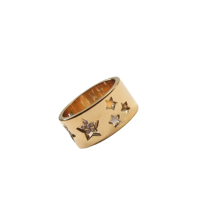 Luxury Gold Plated Adjustable Hollow Ring Stainless Steel Cz Zircon Star Ring