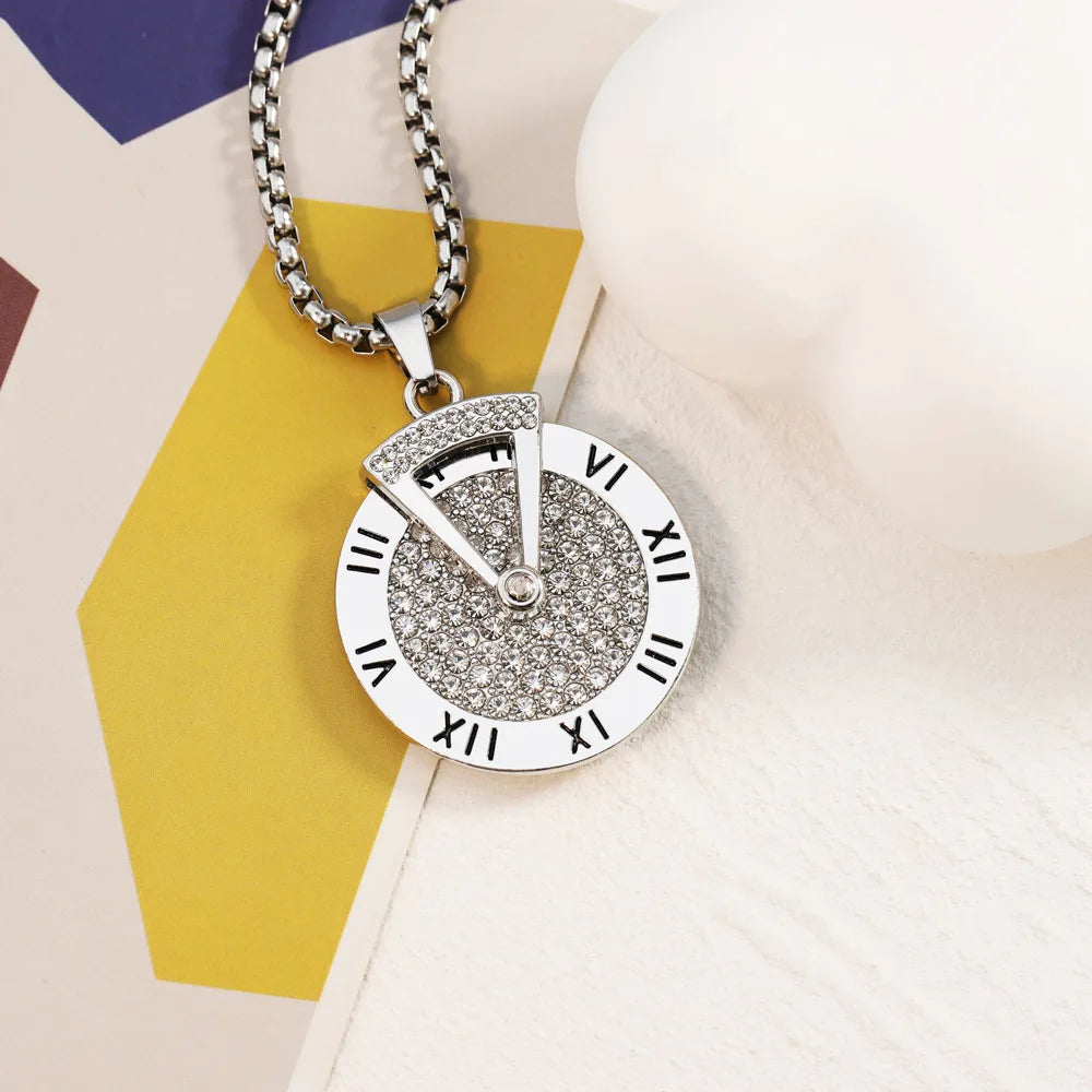 European and American INS Trend Men and Women's Stainless Steel Pendant Necklace Full of Diamond Roman Digital Turntable Style