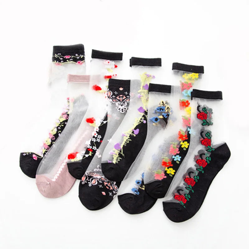 Summer Breathable Fashion China Wholesale Crystal Mesh Silk Transparent Lady Socks Sheer Women