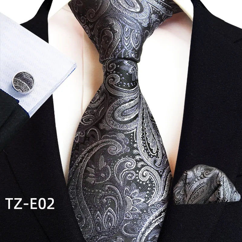 Gray Paisley 8cm Tie and Handkerchief Set Polyester Silk Woven Necktie Set With Pocket Square Men Cufflink Set