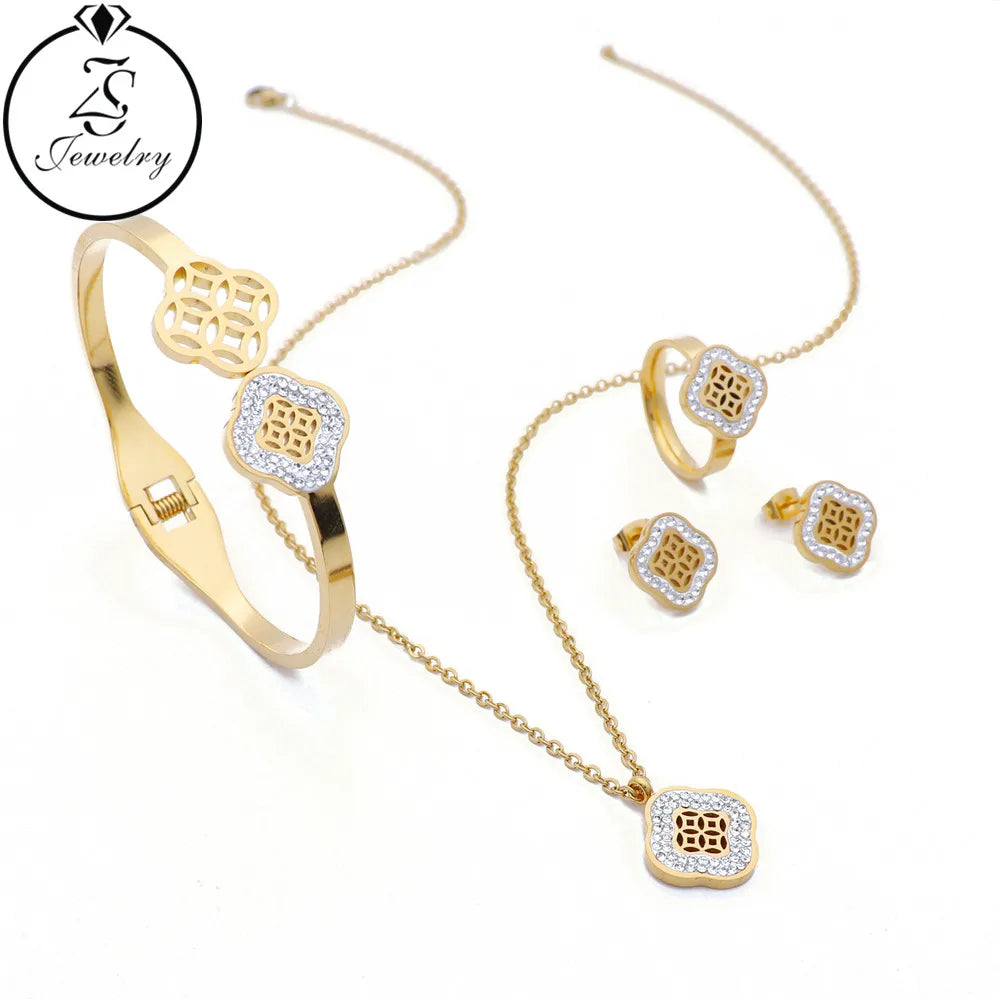 Wholesale Stainless Steel Fashion Jewelry Set Four Leaf Clover Necklace Ring Bracelet and Earring