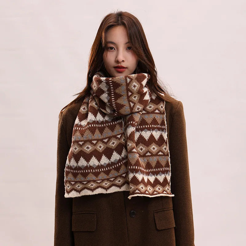 Vintage Jacquard Knitted Design Long Winter All-Match Warm Polyester Scarf for Adults Traditional Scarves & Shawls