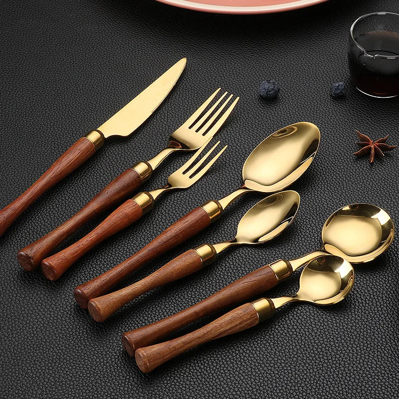 Popular Wedding Fork Knife Spoon Silver Black Gold Tableware Stainless Steel Wooden Handle Metal Thick Dorados Cube Cutlery Set