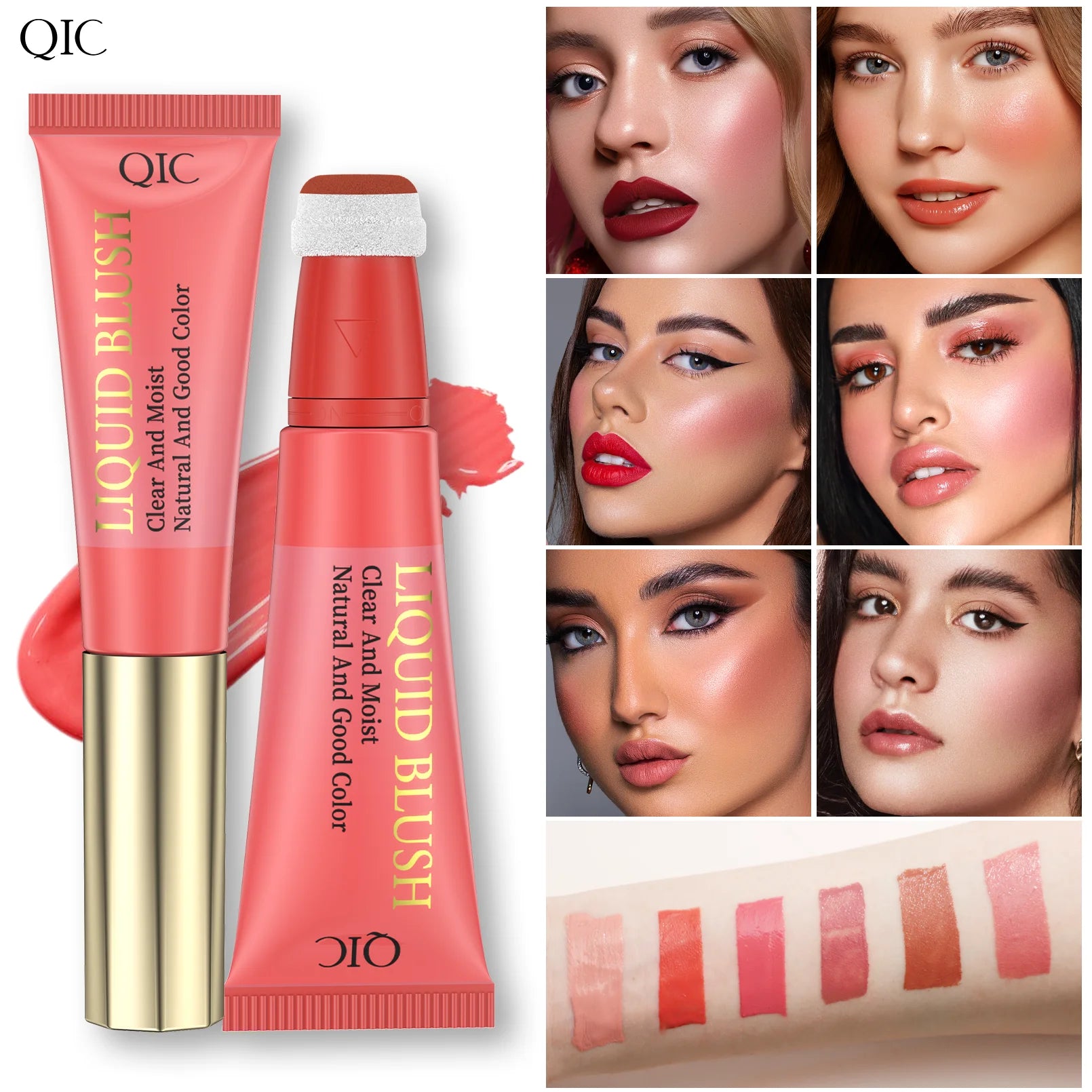 QIC Light Water Makeup Liquid Blush Cotton Head Face Eye Lip Blush Supplies 6 Colors Smooth Durable Blush Cream Liquido